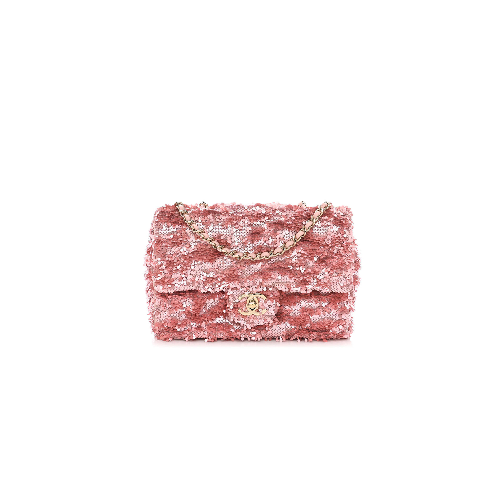 CHANEL MASTER FLAP BAG SEQUINS & GOLD-TONE METAL GOLDEN & PINK AS4561 (21*14*8cm)